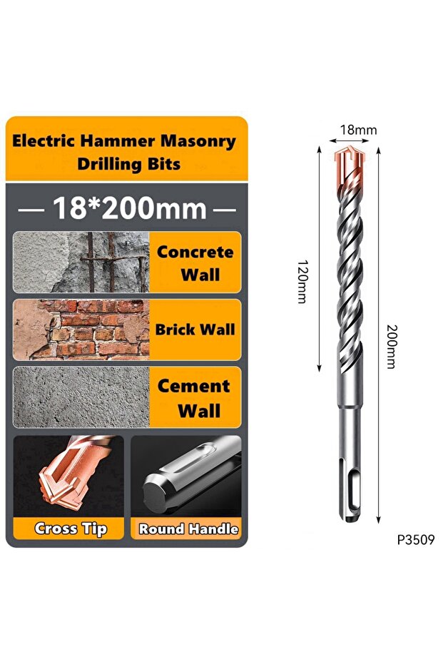 18x200mm Concrete SDS Plus 6-18mm Bit Cross Cutter Head Double Auger Hammer 110/150/200mm Wall Brick