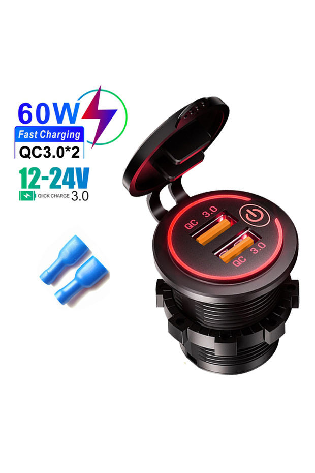 kebidumei Red 60W 2-port USB Fast Charging Socket Power Outlet Car Modified Charger QC3.0 With Touch
