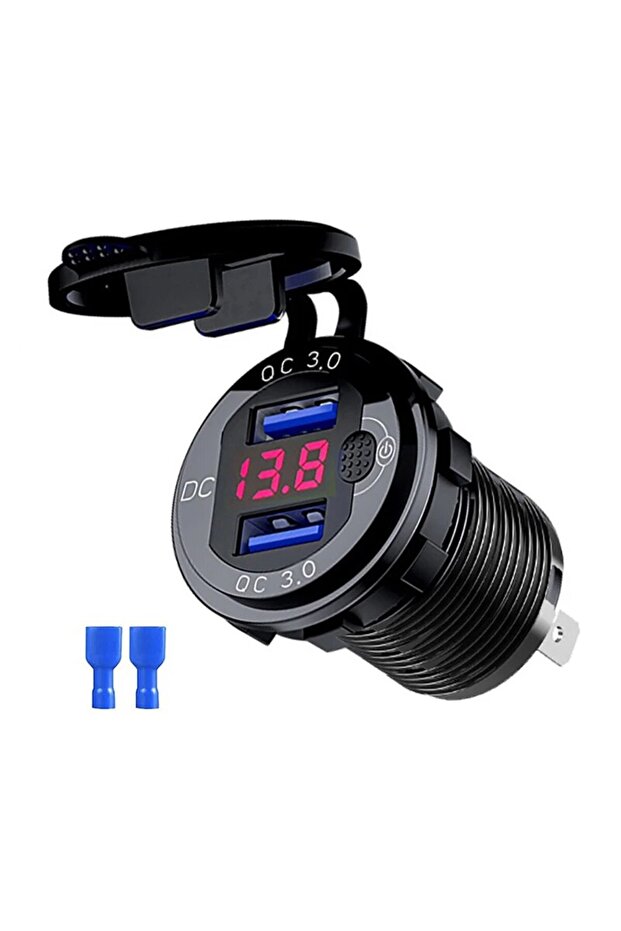 شاحن سيارة سريع الشحن QC3.0 ثنائي المنافذ USB مصنوع من الألومنيوم، مزود بزر تشغيل ومؤشر LED للجهد الكهربائي، باللونين الأسود والأحمر.