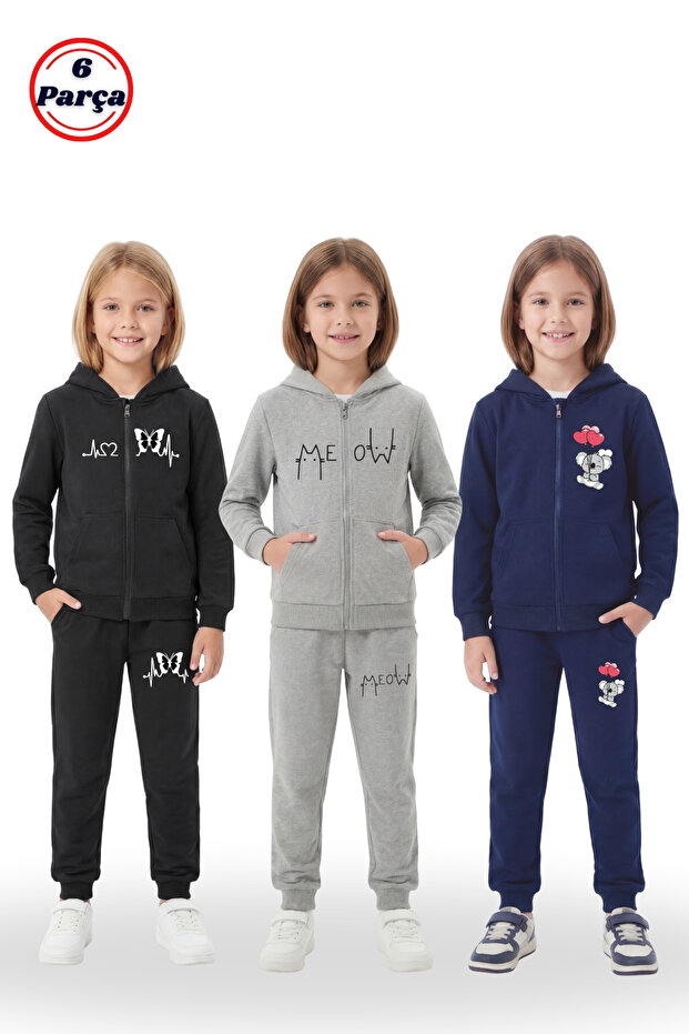 3-Piece Zippered Girls' Tracksuit Set - 6 Pieces