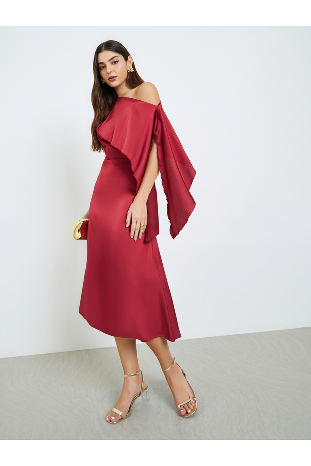 Women Red One Shoulder Asymmetrical Sleeves Midi Dress