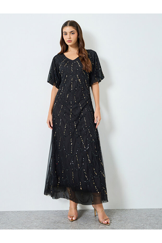 Women Black Embellished Mesh Maxi Dress