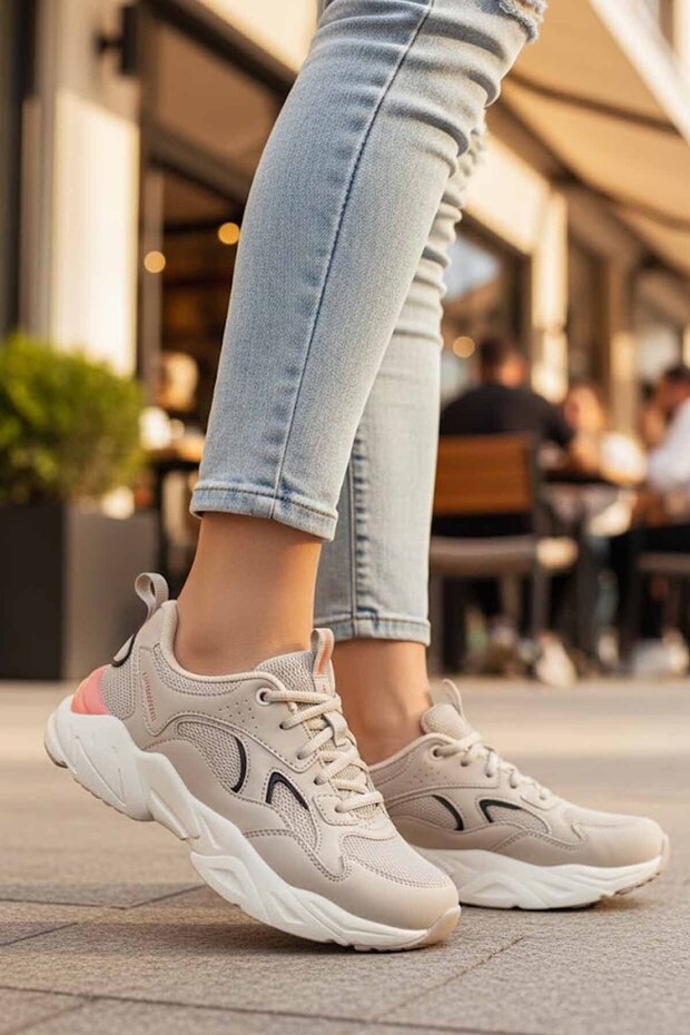Women's Beige Platform Sole Sneaker - Ecru Colored Casual Comfortable Sports Shoes