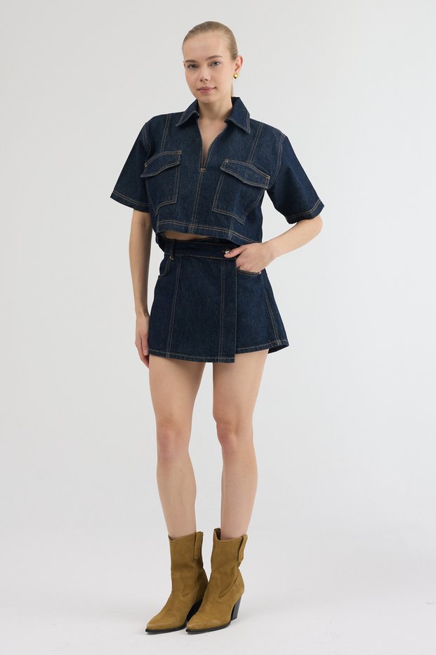 Dark Navy Blue Shirt Collar Pocket Detail Top and Asymmetrical Buttoned Denim Shorts Skirt Urban Style Two-Piece Set