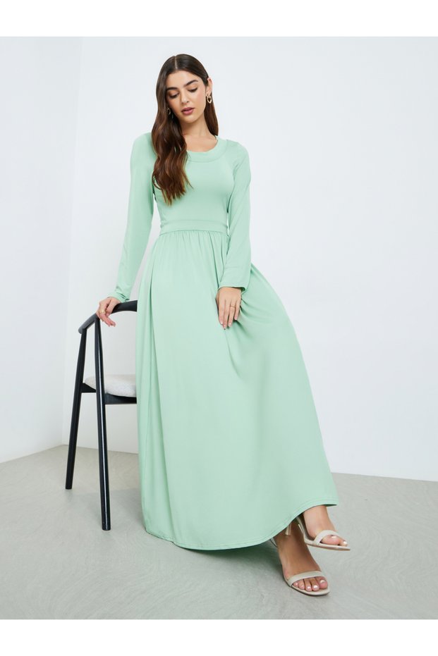 Women Green Gathered Waist A-Line Maxi Dress