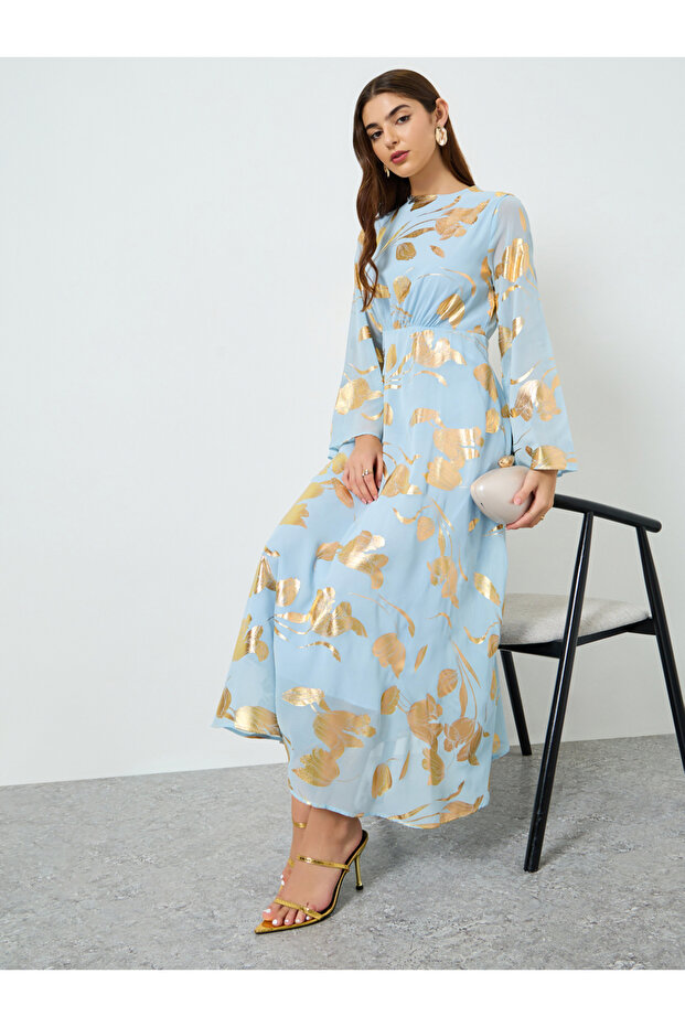 Women Blue Foil Print A-Line Maxi Dress