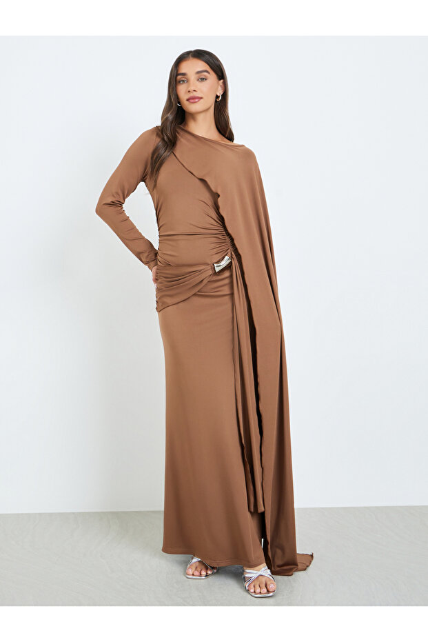 Women Brown Draped Maxi Dress with Metal Decor