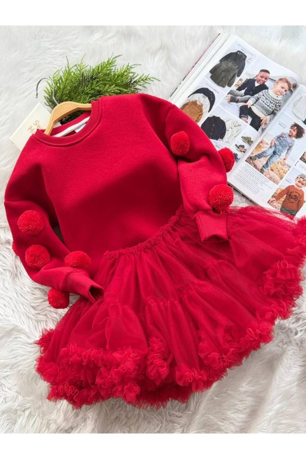 Girls' Red Pompom Holiday Set - Cotton Sweatshirt and Lined Tutu Skirt Set