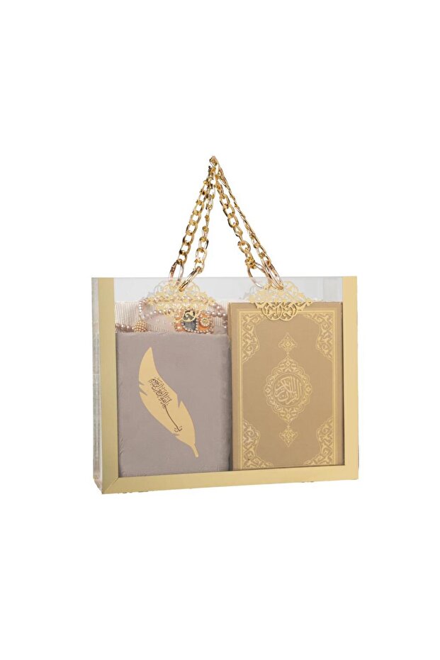 Quran + Prayer Rug + Scarf + Prayer Beads + Zikirmatik + Bookmark Gift Set (Bag Size, Gold)