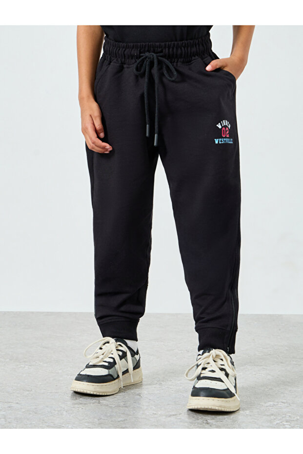 Kids Black Cotton Joggers with Print Detail