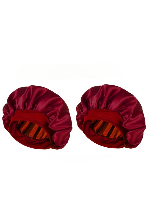 Red 2PCS Satin Bonnets Night Sleeping Cap Large Elastic Wide Soft Band Colorful Silk Hat for Curly H