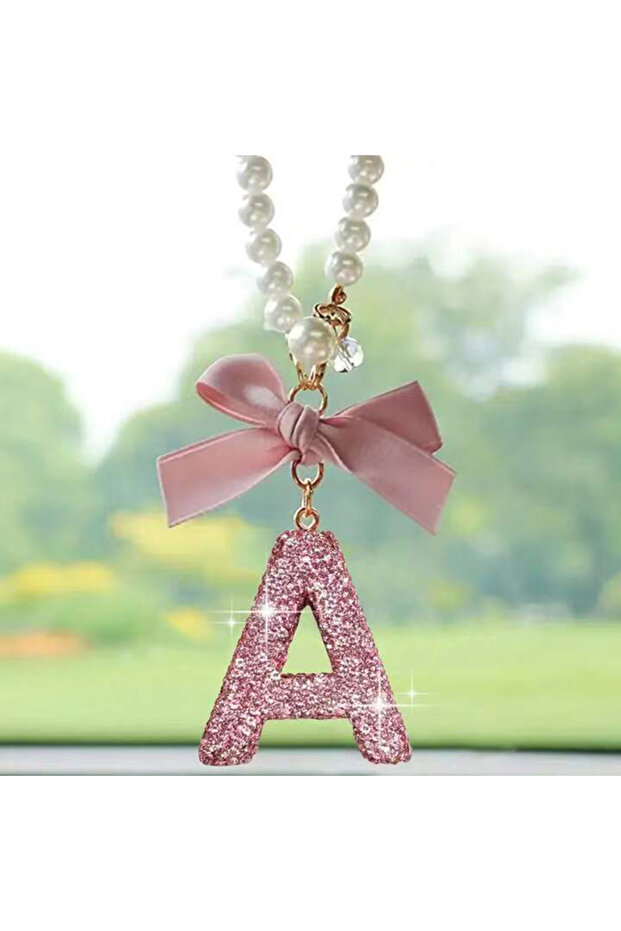 pink A Creative Diamond Fashionable Bow Letter Car Pendant Car Rearview Mirror Decoration Exquisite