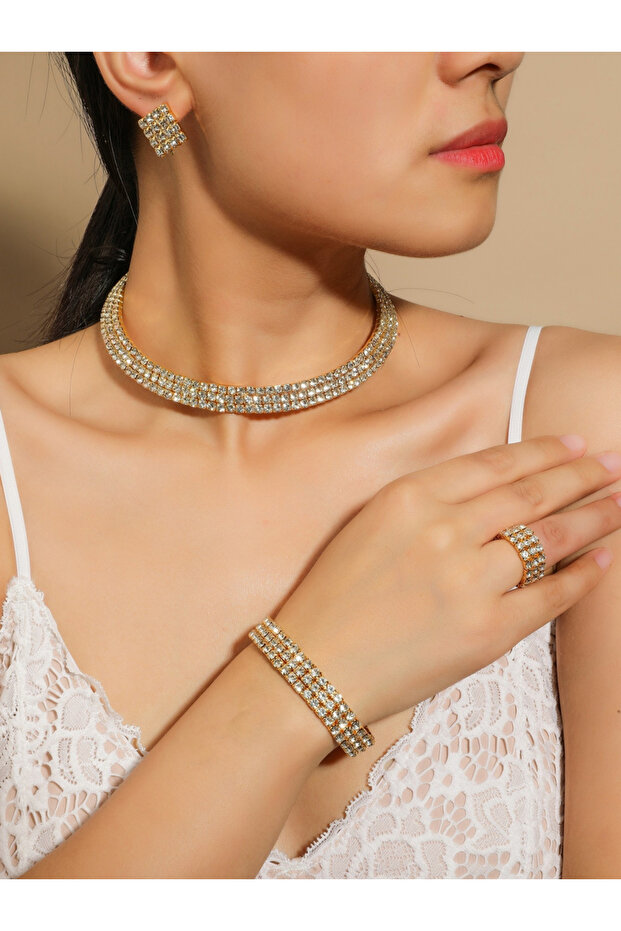 Women Rhinestone Necklace with Bracelet and Ring with Earrings Set