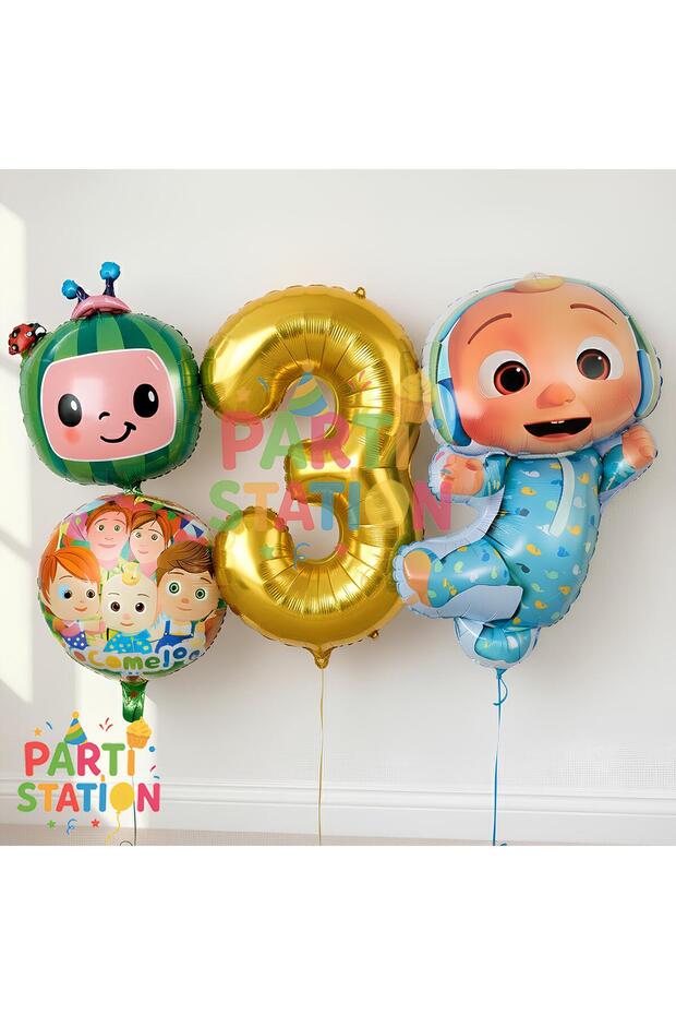 Cocomelon Balloon Set 3 Years Old Golden Number Balloon 4 Pieces Birthday Party Decoration