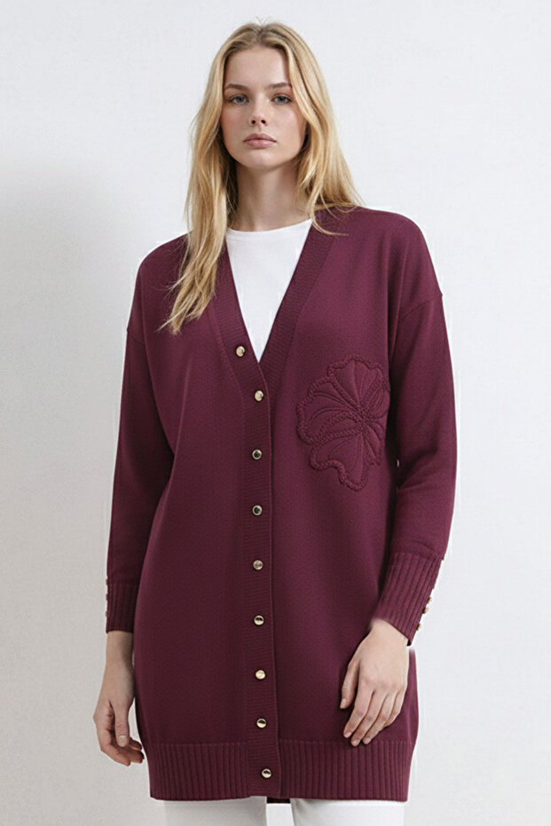 Floral Patterned Cardigan N3302 Plum