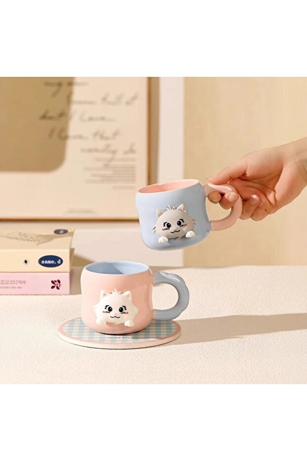 كوب سيراميك بتصميم قطة صغيرة، تصميم أنيق، مع علبة هدايا، كوب للقهوة والشاي