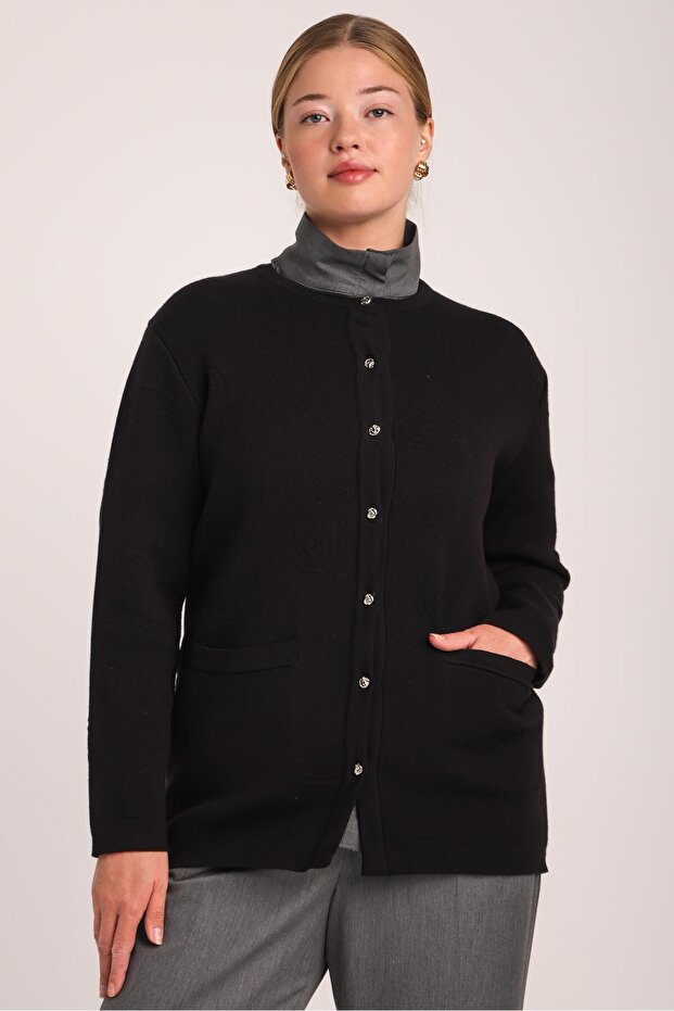 Women's Black Shawl Patterned Comfortable Cut Knitwear Cardigan with Pockets