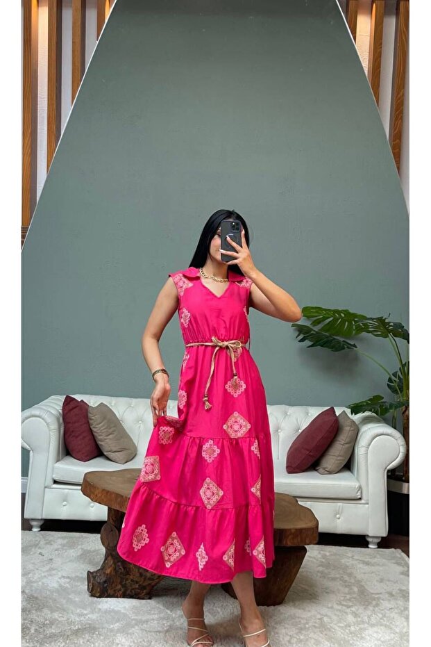 Linen Puff-Embellished Brodered Dress