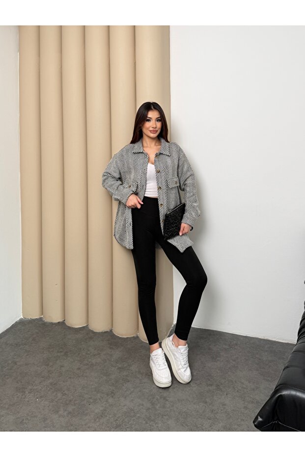 Herringbone Patterned Oversize Shirt Jacket - 2