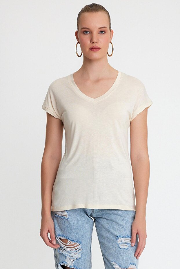 Women's Bamboo Fabric V-Neck T-shirt Beige