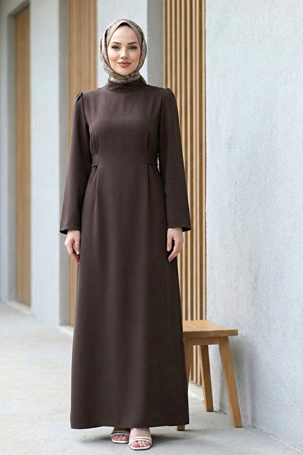 Hakim Yaka Belted, Back-Zippered, Sleeve Cuffed, Hijab Pencil Dress - Dark Brown