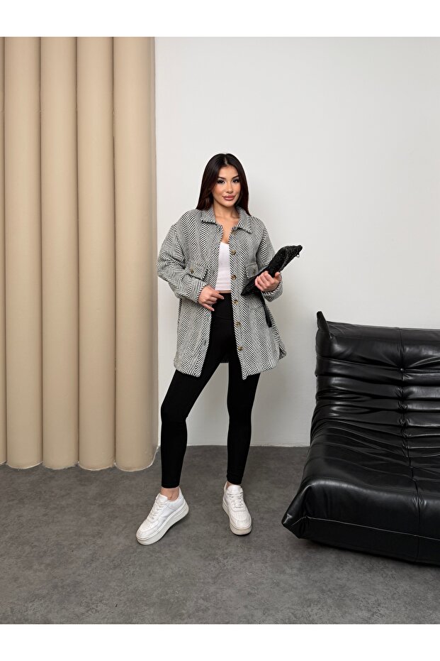 Herringbone Patterned Oversize Shirt Jacket - 7