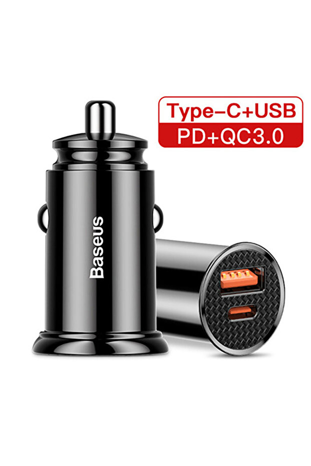 شاحن سيارة سريع من BASEUS بقوة 30 واط، أسود اللون، منفذ USB واحد، منفذ USB من النوع C، يدعم الشحن السريع 4.0 و3.0