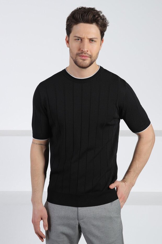 Black Crew Neck Short Sleeve Men's Viscose Knitwear T-Shirt