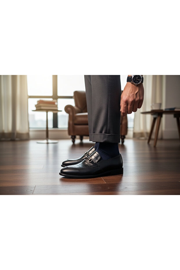 Men's Genuine Leather Classic Shoes with Buckle, Laceless, Comfortable Fit
