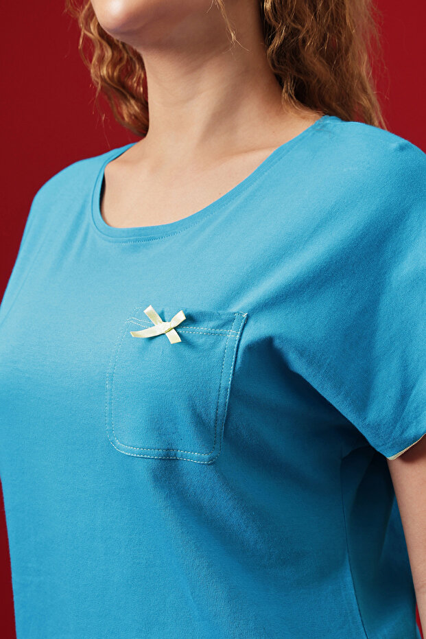 طقم أنيق أساسي مكون من بلوزة وشورت باللون الأزرق الفاتح - قطن 100% - 6