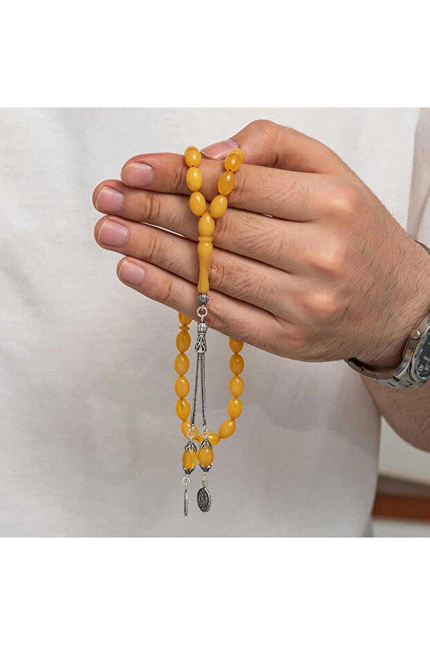 مسبحة صلاة من العنبر المضغوط مع شرابات فضية