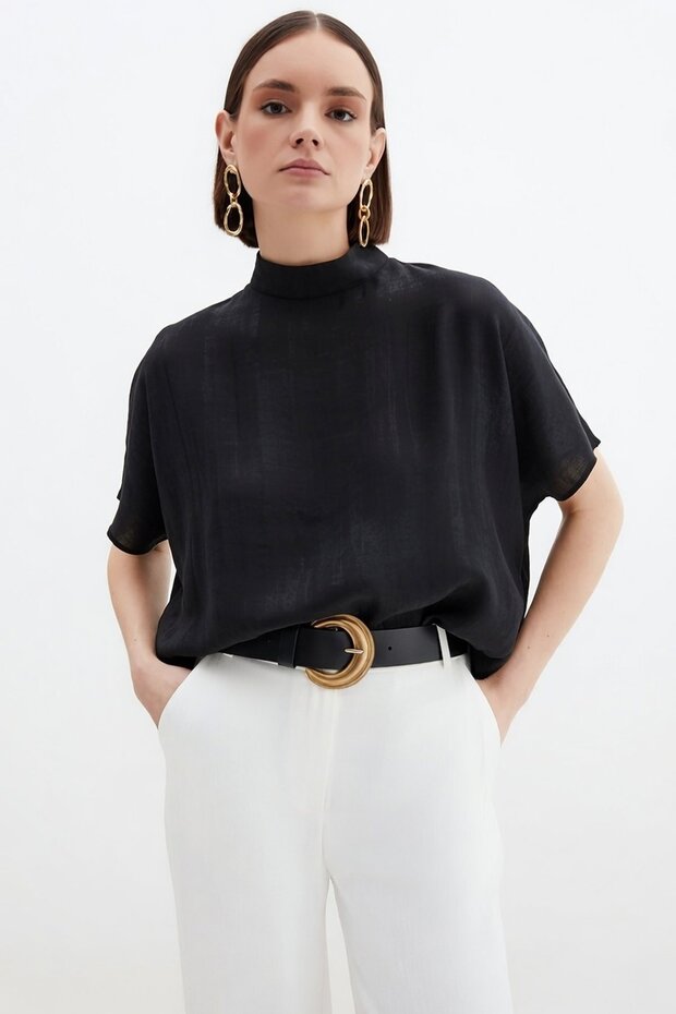 Patterned Casual Blouse - Black - 2