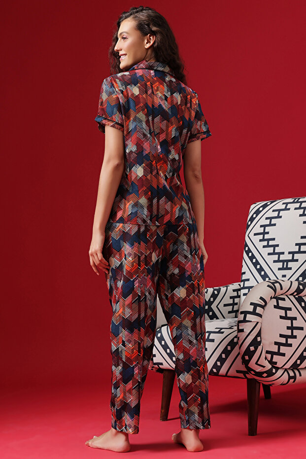 Button Down Night Suit in Multicolour - Crepe - 5