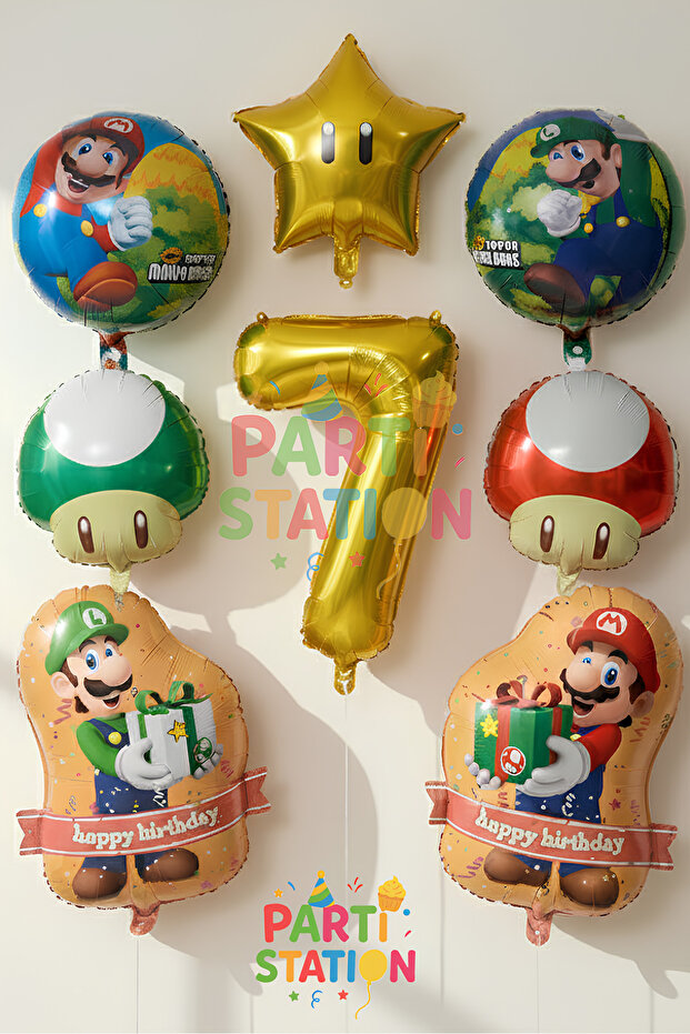 Super Mario Balloon Set 7 Years Old - 8 Piece Foil Birthday Balloon Set