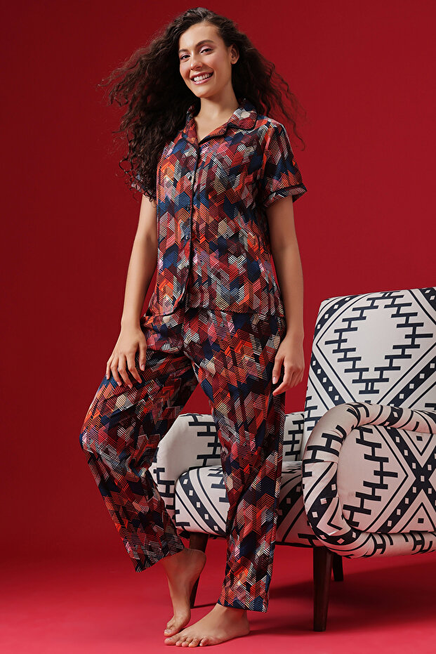 Button Down Night Suit in Multicolour - Crepe - 3