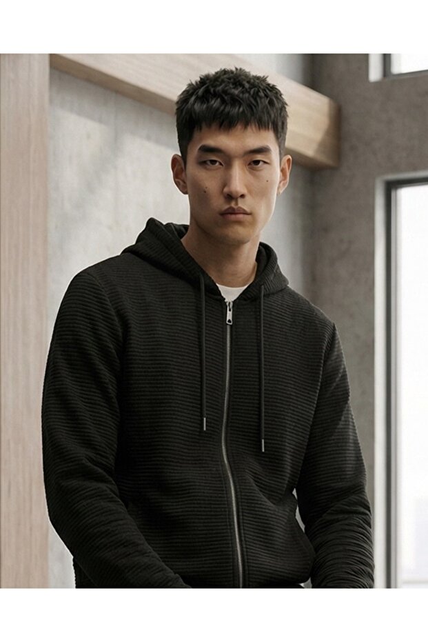 Men's Black Textured Zipper Hooded Bomber Sweat Coat