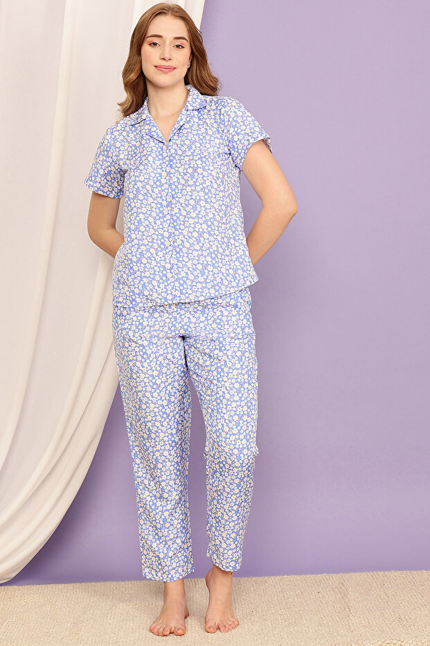 Pretty Florals Button Down Shirt & Pyjama Set in Sky Blue - Rayon