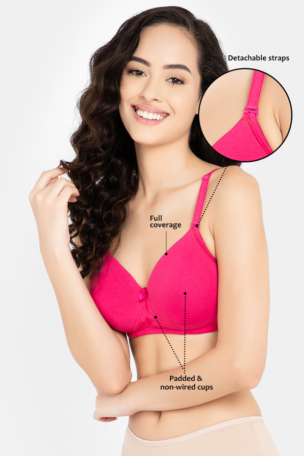 Padded Non-Wired Full Cup Multiway T-shirt Bra in Magenta - Cotton