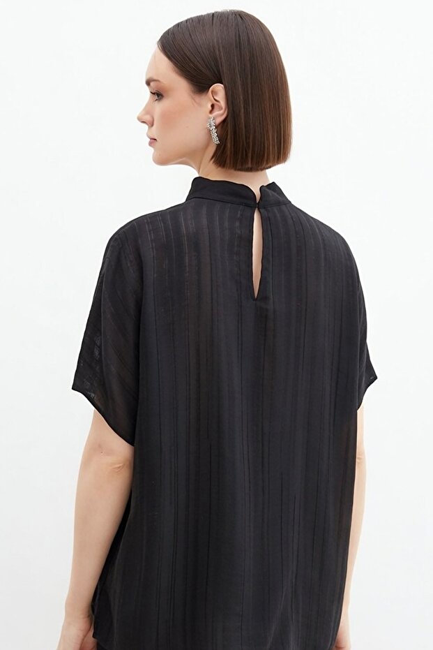 Patterned Casual Blouse - Black - 3