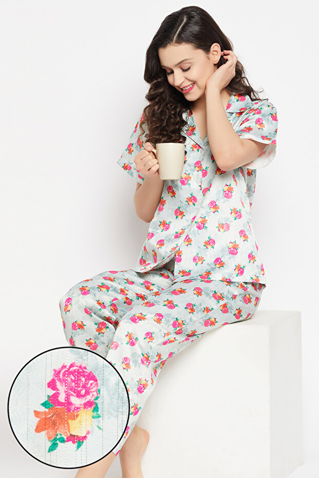 Pretty Florals Button Down Shirt & Pyjama Set in Light Grey - Satin