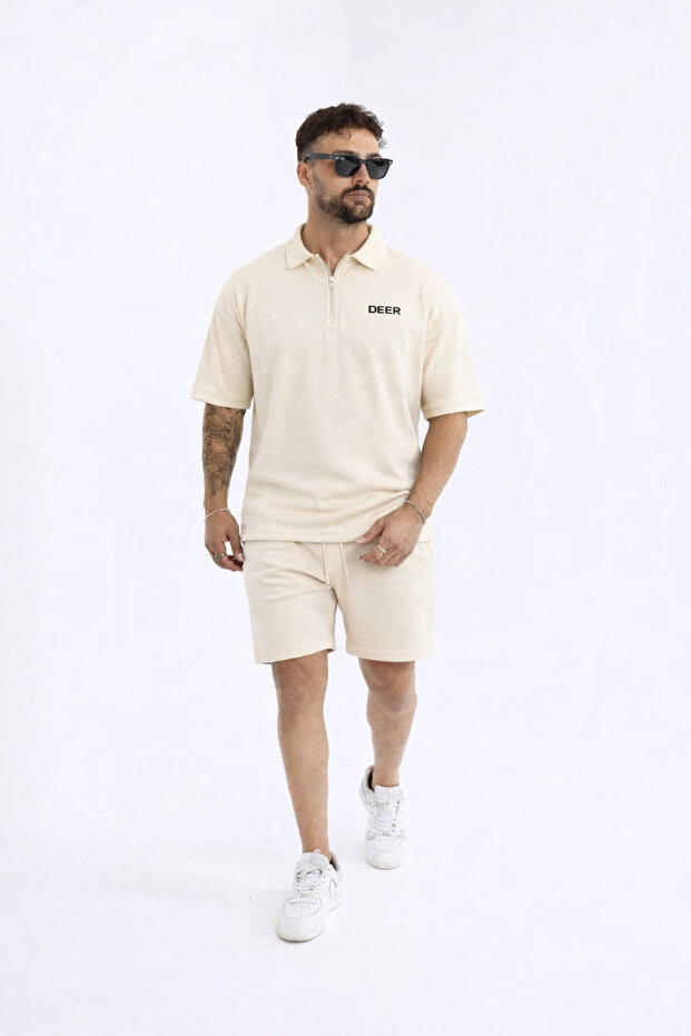 Men's Polo Neck T-Shirt Loose Shorts Cream Summer Two-Piece Set