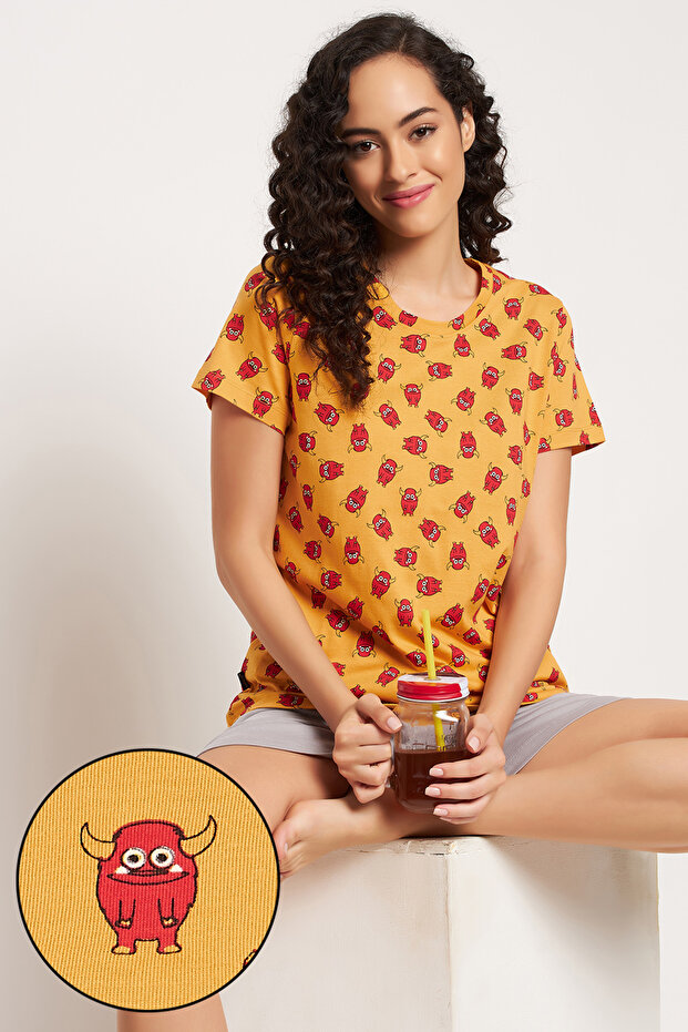 Emoji Print Top & Solid Shorts in Mustard & Grey - 100% Cotton