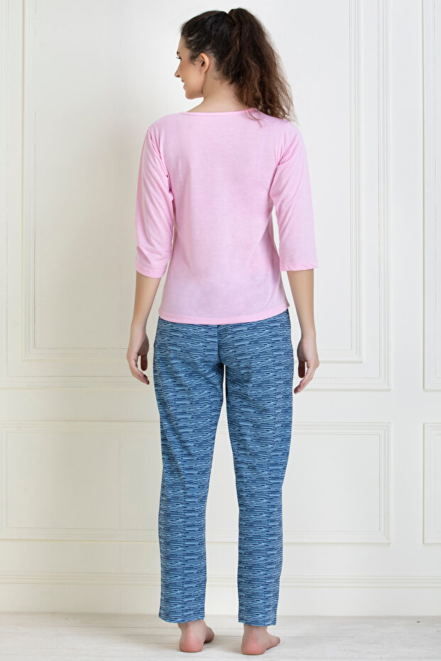 Chic Basic Solid Baby Pink Top & Blue Pyjama Set - Cotton Rich - 4