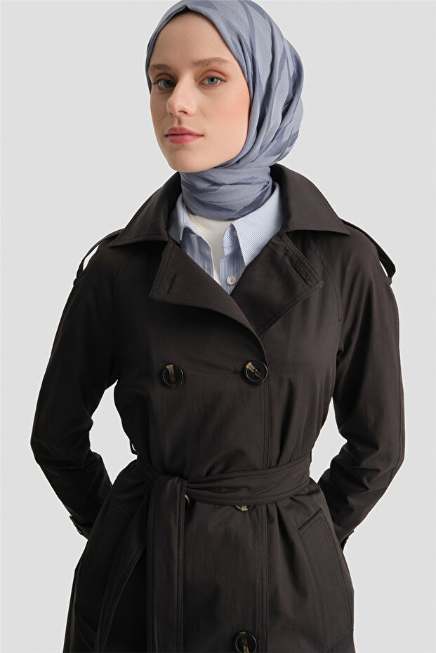 Düğmeli Basic Trençkot Siyah - 2