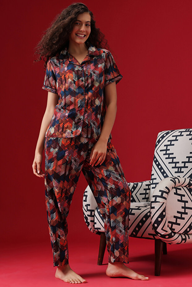 Button Down Night Suit in Multicolour - Crepe - 4