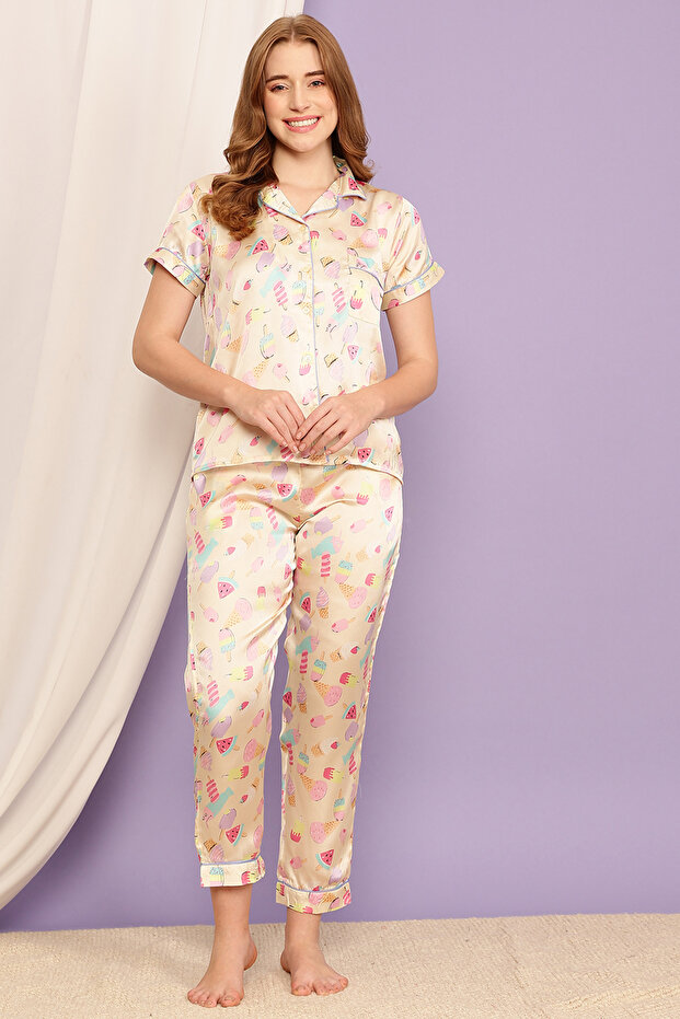 Midnight Cravings Button Down Shirt & Pyjama Set in Cream Colour - Satin