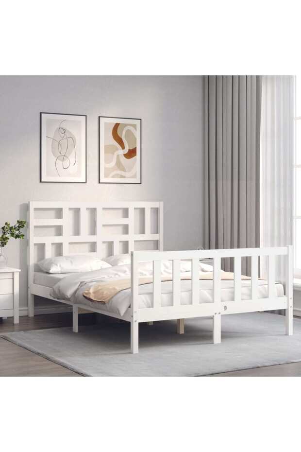 Bed frame with headboard, white, 140x200 cm, solid wood