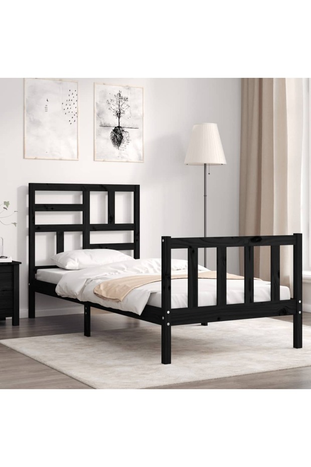 2FT6 Small Single Bed Frame with Headboard, Black, Solid Wood - 1