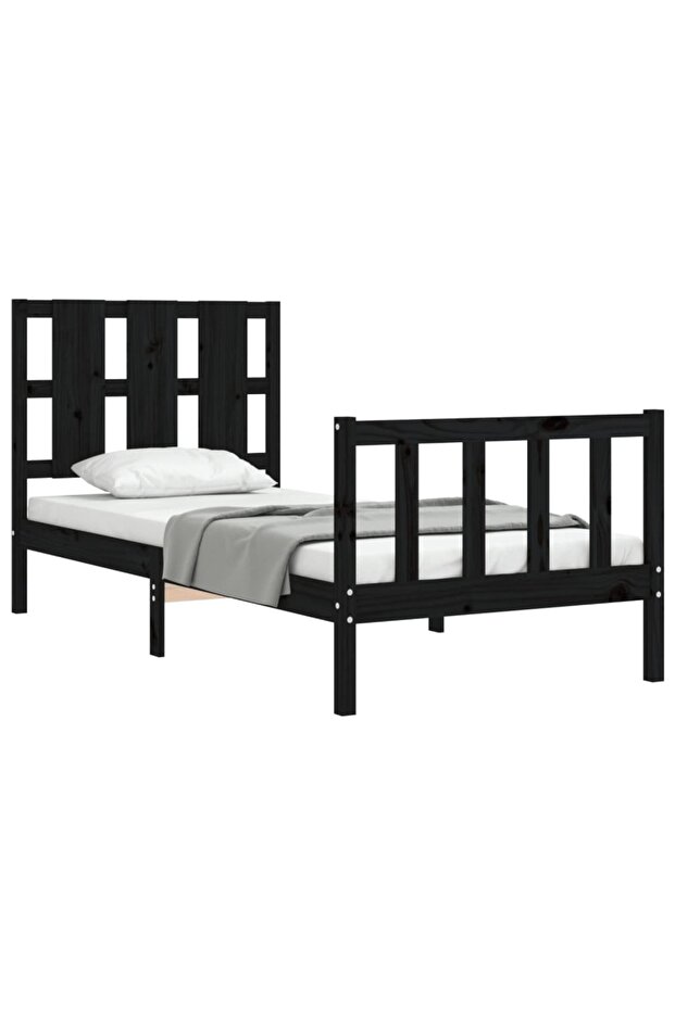 2FT6 Small Single Bed Frame with Headboard, Black, Solid Wood - 4