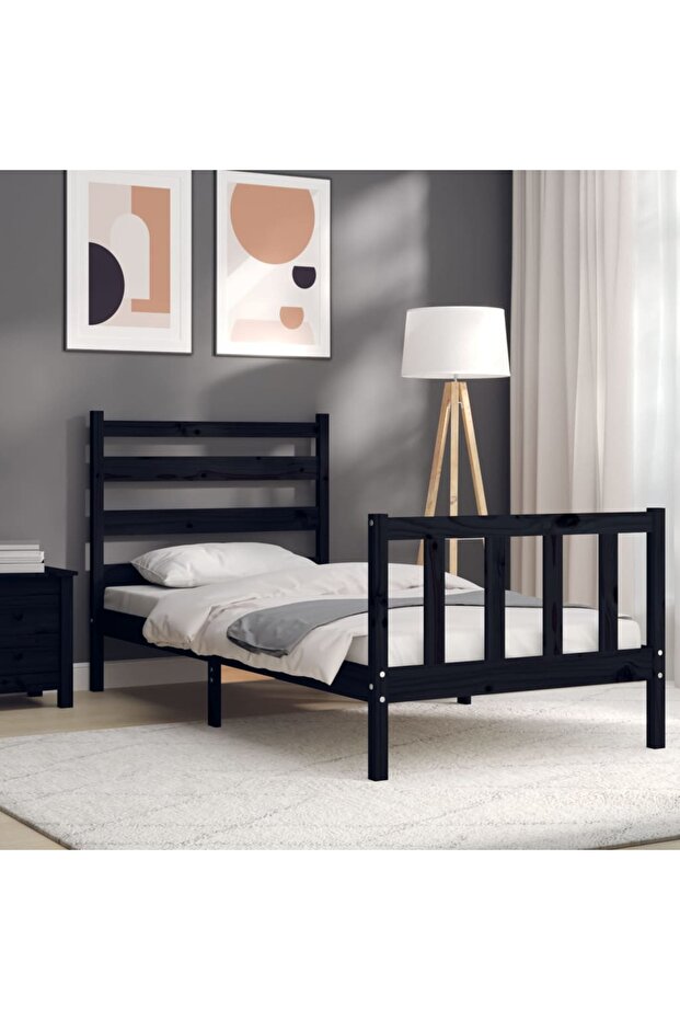 2FT6 Small Single Bed Frame with Headboard, Black, Solid Wood - 4